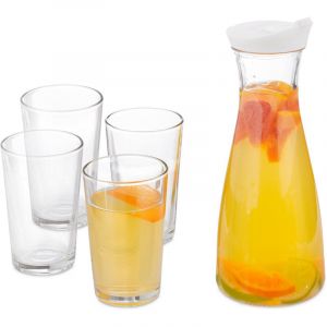 Image de Relaxdays Carafe à eau avec verres, set de 5 pièces, 1 l, 220 ml, couvercle avec bec verseur, cruche, transparent