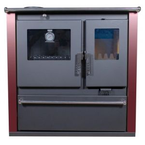 Verso Cuisinière à Bois cs Plus - 7,7 kW Plaque Supérieure en Métal, Panneaux Bordeaux, Design Fonctionnel et Sortie Fumée à Gauche