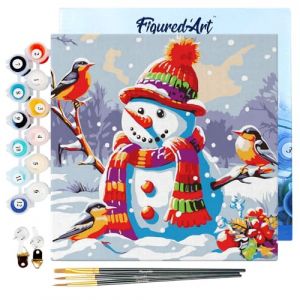 Mini peinture au numéro : Bonhomme de Neige et les Oiseaux - toile tendue sur chassis