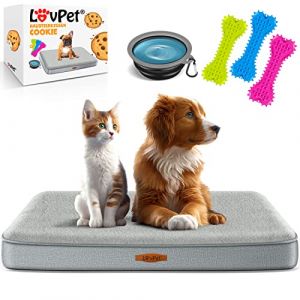 Lovpet Panier orthopédique pour chien - Avec gamelle + 3 os à mâcher - Pour petits, moyens et grands chiens - Housse amovible et lavable - Taille XL - 112 x 81 x 7,6 cm - Gris