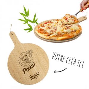 Image de Planche a pizza personnalisée 100% BAMBOU - Plat a pizza gravure sur bois pour prénoms, logo, citation… [ Pelle a pizza bois ]