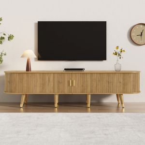 Meuble TV 175 cm bois clair MDF, portes coulissantes, rangements + tiroirs, d&eacute;tails dor&eacute;s