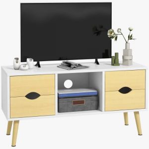 Image de Homcom Meuble TV style scandinave 4 tiroirs coulissants niche passe-fils piètement bois pin blanc aspect bois clair