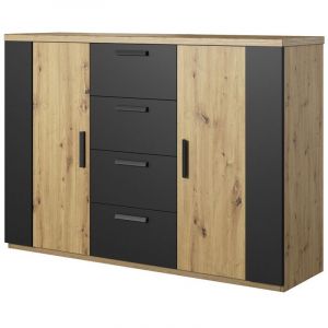 Commode design 2 portes et 4 tiroirs 130cm. Collection FOX coloris chêne clair et noir.