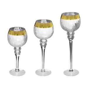 Lot de 3 photophores craquel&eacute;s sur pied bande 30/35/40 cm Or