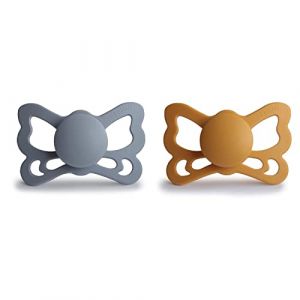 FRIGG Butterfly Lot de 2 Sucettes | Sucette en Silicone | Sans BPA | Fabriqu&eacute; au Danemark | T&eacute;tine Anatomique | Great Gray/Honey Gold