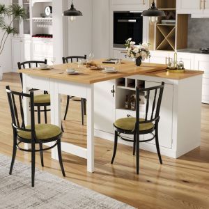 Meuble de bar moderne rotative &agrave; 360&deg;- 203x39x93cm - 4 tiroirs et 2 portes - avec &eacute;tag&egrave;res lat&eacute;rales - avec LED - Blanc