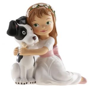 Dekora Dessus de Gâteau de Communion : Fille Assise avec chien 11,5cm - Dessus de Gâteau en Résine sans Danger pour les Aliments - Parfait pour les Célébrations et les Fêtes de Communion