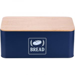 Relaxdays Boite à Pain, Couvercle Pratique, Design rétro, H x L x P : 13,5 x 33 x 19 cm, Bleu foncé et Nature