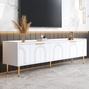 Meuble TV avec rangement, 4 portes meuble bas pour salon et chambre, pieds en m&eacute;tal- Motifs &agrave; lignes courbes, 170x35x47,5 cm, MDF, Blanc