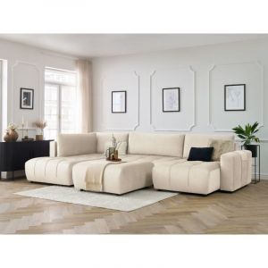 Bobochic Canapé panoramique convertible Canapé panoramique convertible coffre arsene tissu velours avec pouf Angle droit Beige - Beige