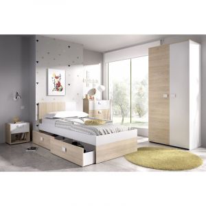 Pegane Ensemble chambre à coucher complète (lit adulte 190x90 cm avec 2 tiroirs + table de chevet + armoire + commode ) coloris blanc, chêne naturel