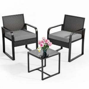 Salon de Jardin Bealife 2 Places Set de Jardin Acier avec Coussin Table Verre Trempé Ensemble de Meuble pour Patio Jardin Extérieur Gris