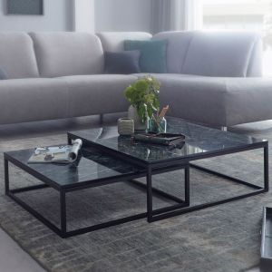 Lot de 2 tables basses 75 et 65 cm aspect marbre et métal noir