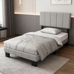 Image de Cadre de Lit 90×200 cm,Rembourré avec Sommier à Lattes et Tête Capitonnée, Cloud velvet material, skin-friendly and hypoallergenic, gris