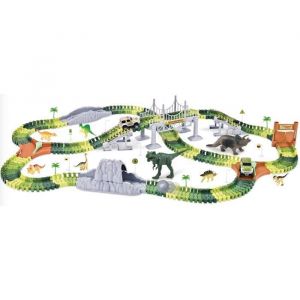 PIFUN Circuit flexible Dinosaures 240 rails + 1 voiture + x2 Bifurcation / Pont suspendu et rampes / Double porte / 8 Dinosaures