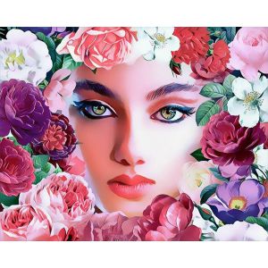 Broderie diamant : Visage et Fleurs - toile tendue sur chassis