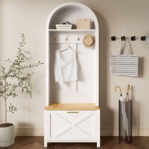 Ensemble vestiaire d'entrée 75x35x195 cm - Avec meuble à chaussures et crochets - Avec étagères - Blanc et naturel
