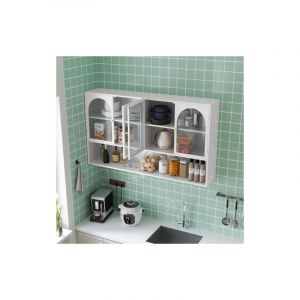Wishdor - Armoire murale vitrée 4 portes 120 cm avec 2 niveaux de rangement, étagères ouvertes, pour cuisine, salon, salle de bain, blanc