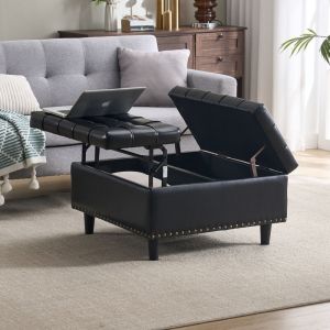 Tabouret relevable avec rangement, adapt&eacute; au salon et &agrave; la chambre, ​​75&times;75&times;41cm, PU, noir