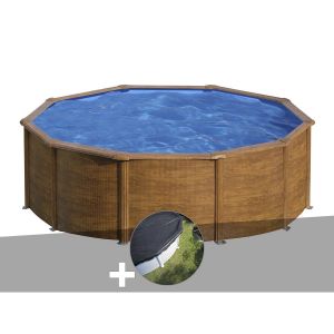 Gre Kit piscine acier aspect bois Pacific ronde 4,80 x 1,22 m + Bâche d'hivernage