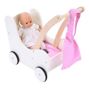 Engelhart 606015 - Landau en Bois &Eacute;l&eacute;gant pour Poup&eacute;es - Rose et Blanc - dimensions : 50 x 28 x 46 cm - &agrave; partir de 3 ans