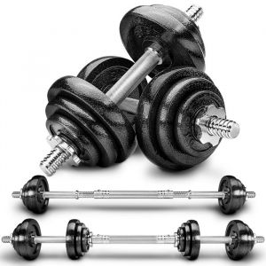 RE:SPORT Kit d'halt&egrave;res 2-en-1 20 kg Ensemble modulable d'halt&egrave;res en fonte Halt&egrave;res longs et courts Fermetures en &eacute;toile et tuyau de raccordement