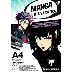 Clairefontaine 976163C Bloc Encoll&eacute; Papier Manga Illustration A4 21x29,7 cm 250g - 20 Feuilles Papier Dessin Blanc Extra Lisse - Papier pour le Dessin Manga au Crayon, &agrave; l&rsquo;Encre et aux Feutres