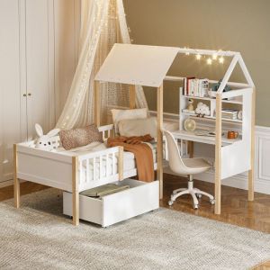Oem Lit cabane 90 x 200 avec barri&egrave;re de s&eacute;curit&eacute; et sommier &agrave; lattes, Lit enfant avec &eacute;tag&egrave;re, tiroirs &agrave; roulettes, bois massif,blanc