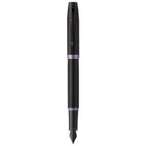 Parker Stylo plume IM Vibrant Rings, Satin noir laqué, bagues améthyste, plume fine, recharge d’encre bleue, Coffret cadeau