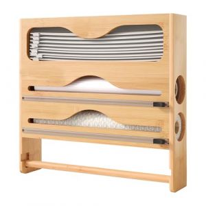 Relaxdays Support Mural 4 en 1 pour Rouleaux, essuie-Tout, Film Alimentaire, Bambou, H x L x P : 33 x 34,5 x 7 cm.