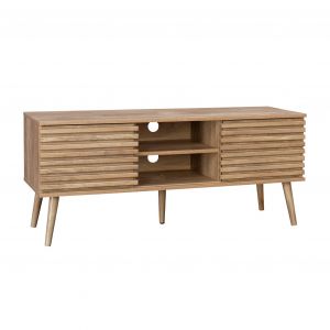 Meuble tv scandinave avec 2 portes décor bois rainuré et 1 niche centrale avec étagère - Naturel