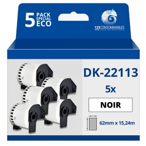 Pack De 5 Rouleaux Étiquettes De Taille Personnalisée Compatible Avec Brother Dk-22113 - Largeur 62 Mm X 15,24 Mètres - Texte Noir Sur Fond Transparent