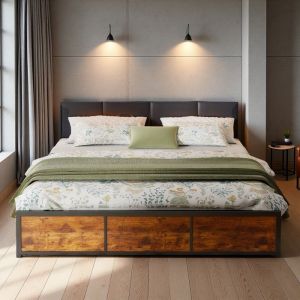 Lit adulte double 180x200 - Rangement int&eacute;gr&eacute; - Tiroirs - &Eacute;clairage LED connect&eacute; - Style industriel noir