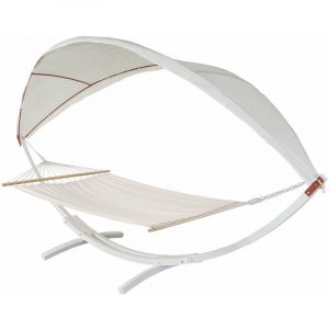 Décoshop26 Hamac balançoire suspendue jusqu'à 200kg avec toile pour protection solaire cadre en bois 420cm 2 personnes blanc crème 040003394