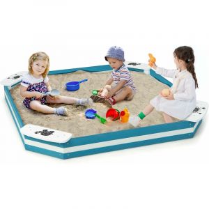 Costway - 2 en 1 Bac &agrave; Sable pour Enfants 126 x 126 x 14 cm avec 4 Si&egrave;ges Int&eacute;gr&eacute;s, Bac &agrave; Sable en Bois Massif avec Motifs d'animaux Mignons,