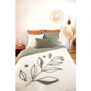 Coté Déco Parure de lit herbier – 240x220 cm – Coton bci lavé tufté – 52 fils/cm² – Vert olive - 220x240cm - Vert olive
