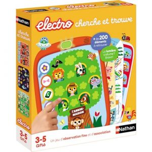 Nathan Electro Cherche et Trouve – Jeu d'apprentissage – Jeu Electronique – Quiz Educatif –Tactile – Différents thèmes Ecole, Plage, Océans, Forêt, – 10 fiches illustrées – A emporter – Dès 3 Ans