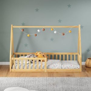 Idimex Lit cabane enfant 90x200 cm NICOLAS lit Simple montessori avec Barrières de Protection en Bois Massif, Coloris naturel
