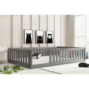 Lit enfant Bella 126x204 Dim. Matelas 120x200 Style Montessori – Au sol- Barrière de Sécurité - Sommier à Lattes- Bois Massif- Pin-Sans matelas (gris)