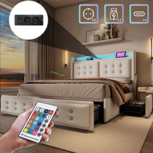 Lit Double 180x200cm avec 4 Tiroirs - Lit Capitonn&eacute; en Lin avec LED RGB et Ports USB-C/UE - Lit Adulte pour 2 Personnes - Beige