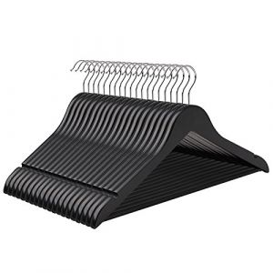 Songmics Cintres pour Costumes en Bois, Lot de 50, Cintres pour Manteaux, avec encoches, antiglisse, pour Vestes, Chemises, Pantalons, Crochet pivotant à 360°, Noir CRW02B-50