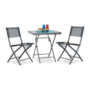 Relaxdays Ensemble de jardin 3 pi&egrave;ces, table pliante avec plateau en verre, chaises pliantes, pour jardin et balcon, anthracite