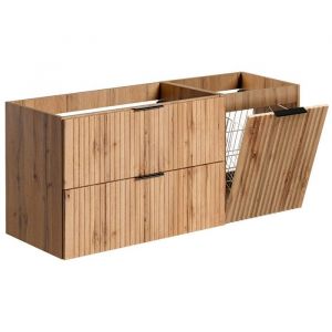 Furnidea - Meuble suspendu sous vasque avec panier &agrave; linge ADEL CH&Ecirc;NE 120 cm - 2 tiroirs - Fa&ccedil;ades rainur&eacute;es
