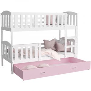 Kids Literie - Lit Superposé Teo 90x190 Blanc - rose Livré avec sommiers, tiroir et matelas en mousse de 7cm - Blanc - rose