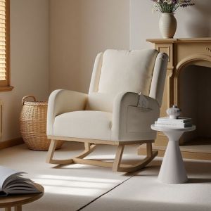 Fauteuil &agrave; Bascule en Lin Beige - Oreiller inclus - 93x68x96 cm -Moderne et &eacute;pur&eacute; - Salon/Bureau/Coin lecture - Si&egrave;ge large