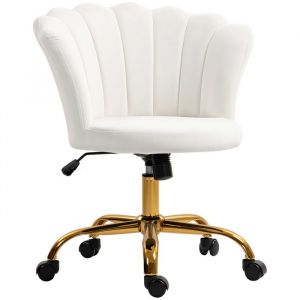 Homcom Chaise bureau velours design coquillage piètement acier doré blanc