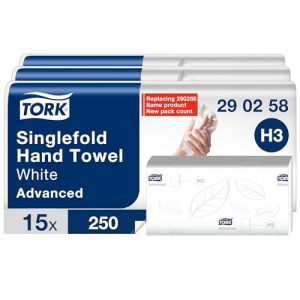 Tork Essuie-mains pliés en V blanc H3, Papier d'essuyage en Advanced pour Distributeur, Absorbant et indéchirable, grand, 2 plis, 15 x 250 feuilles, 290258