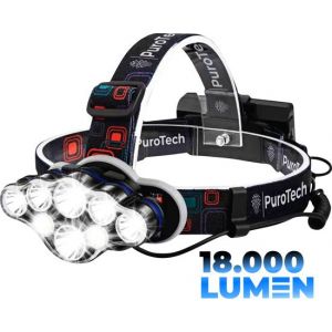 PuroTech Military Headlamp - Lampe frontale LED rechargeable - Extra puissante - Lampe frontale - Lampe frontale 8 LED - 18000 lumens - Portée 600 mètres - Réglable - Torche militaire