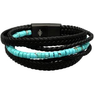 Bracelet Cuir Marron Lisse Et Tressé Perles Heishi Turquoise